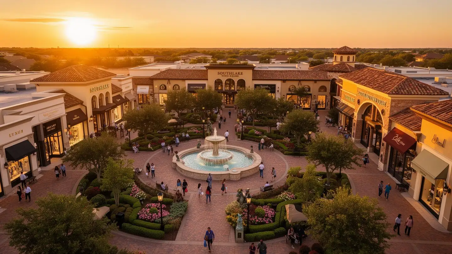 Aerial view of Southlake Town Square in Southlake, Texas